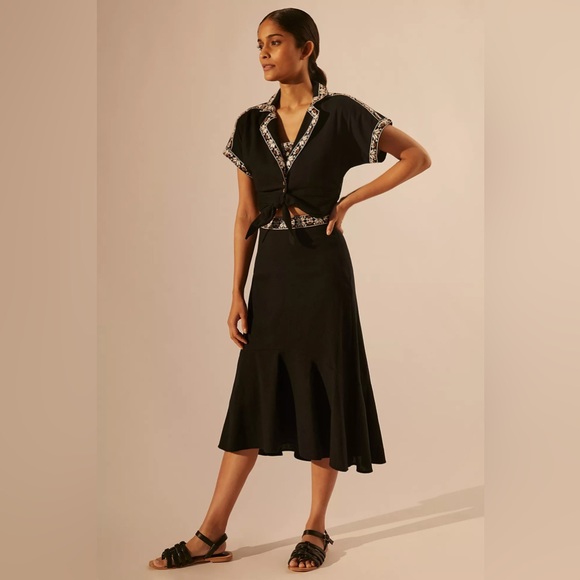 Anthropologie Tie-Front Button Down Shirt and Midi Skirt Set - Picture 1 of 12